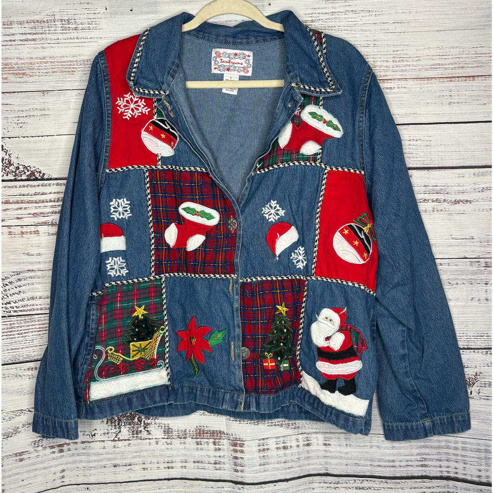 Tantramz Vintage Denim Patchwork Christman Button Up Shirt Lg